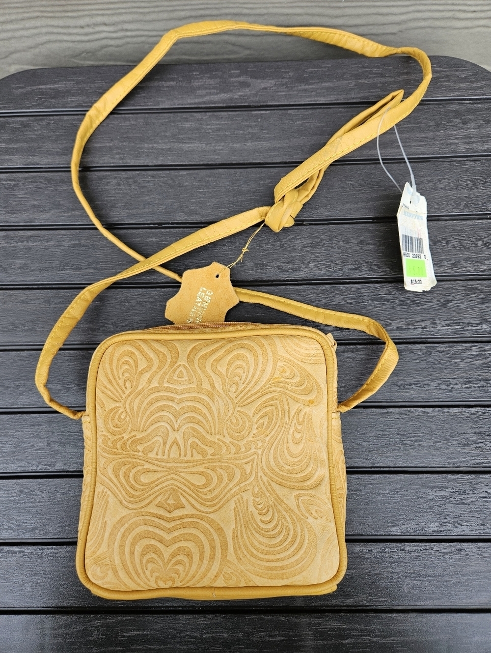 NOS Vintage Yellow Tooled Leather Small Crossbody Heart Mini Bag Festival Classy